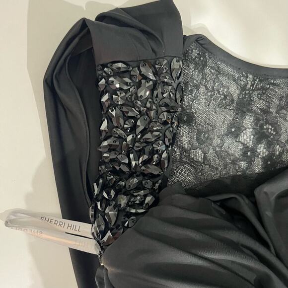 Sherri Hill Black Rouched Lace Draped Jewel Straps Bodycon Mini Dress Size 4 - Picture 14 of 15